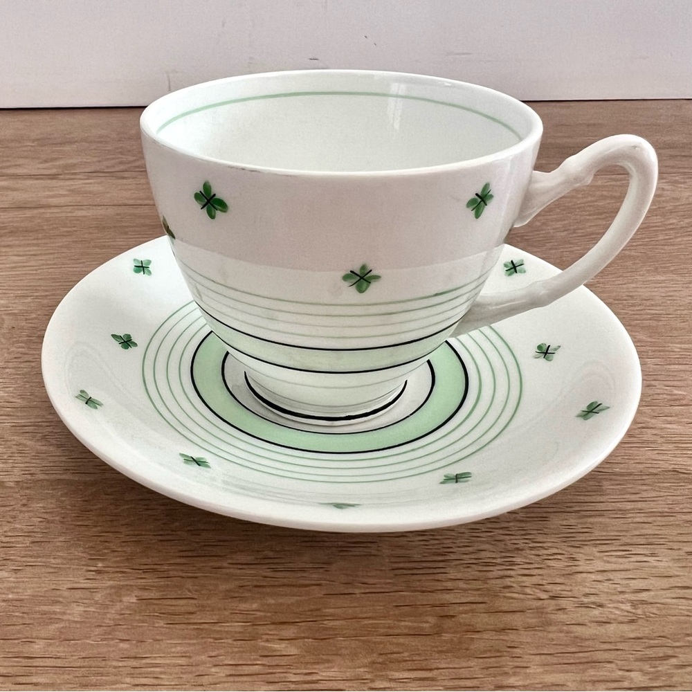 Vintage Royal Stafford England Bone China Teacup Cup & Saucer Set Green Leaf